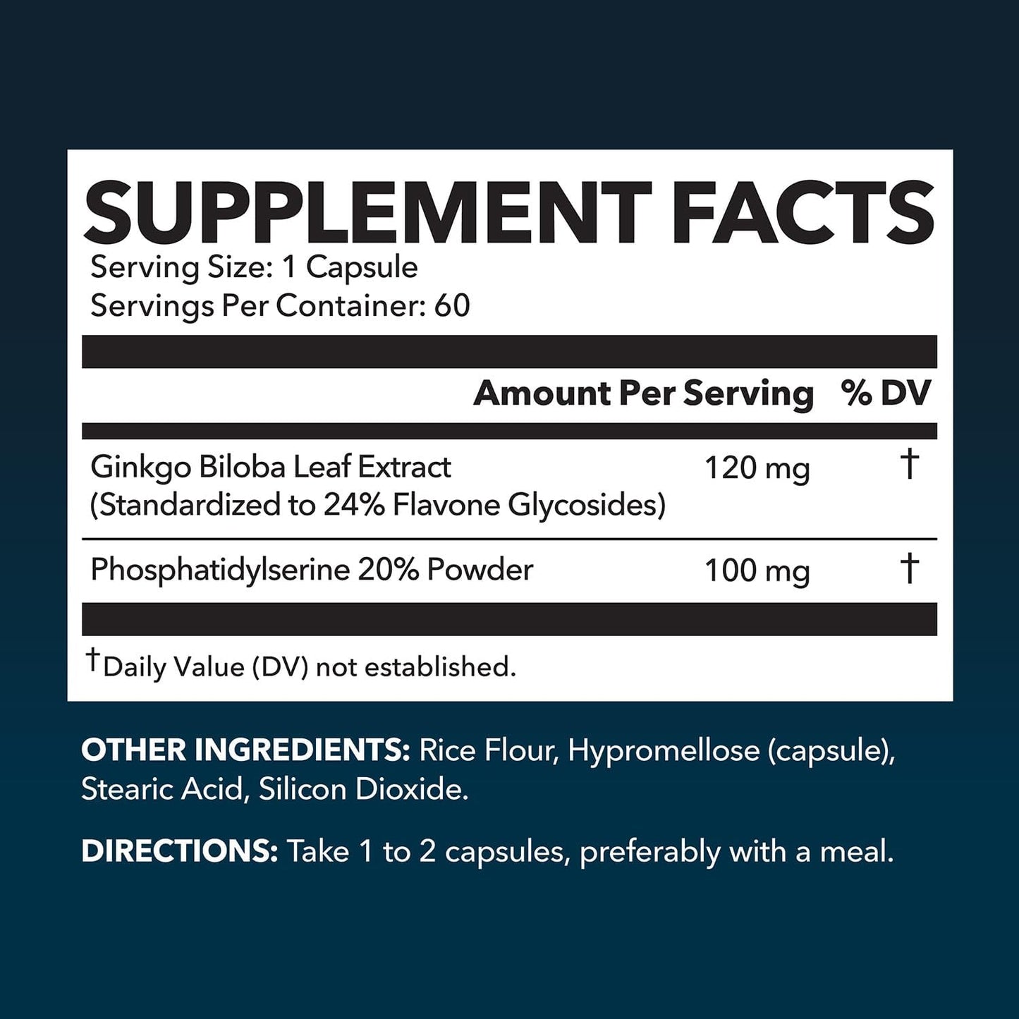 Ginkgo Biloba 120mg with Phosphatidylserine, Nootropic Supplement, 60 Count | Nootropic Brain Health, Memory and Focus Supplement, Supports Cognitive Function & Mental Clarity, 2-Month Supply