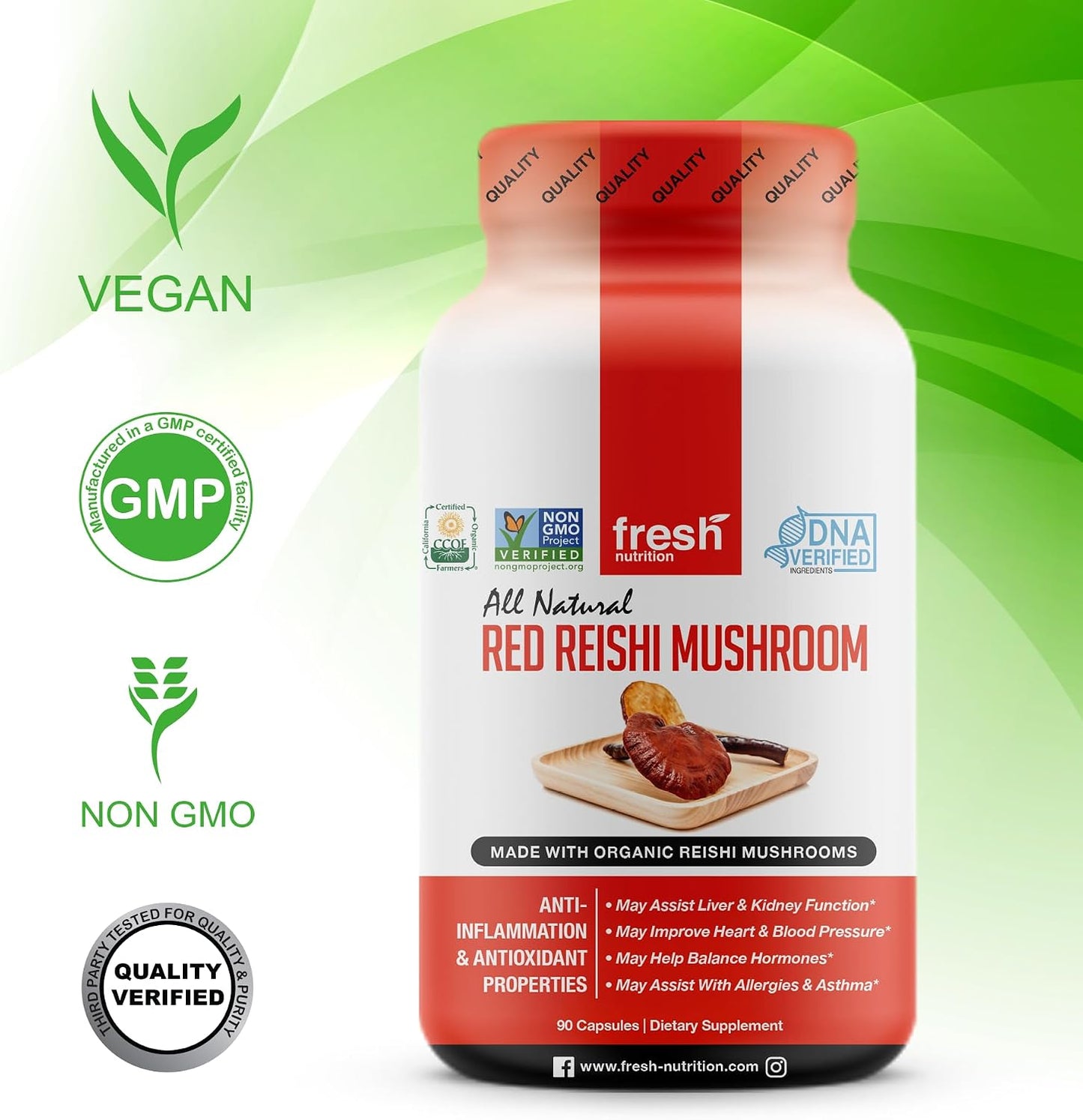 Fresh Nutrition Organic Reishi Mushroom Capsules - Rich in Alpha Glucan - Ganoderma Lucidum & Ganoderma Applanatim - Third Party Tested - 90 Capsules/Pills