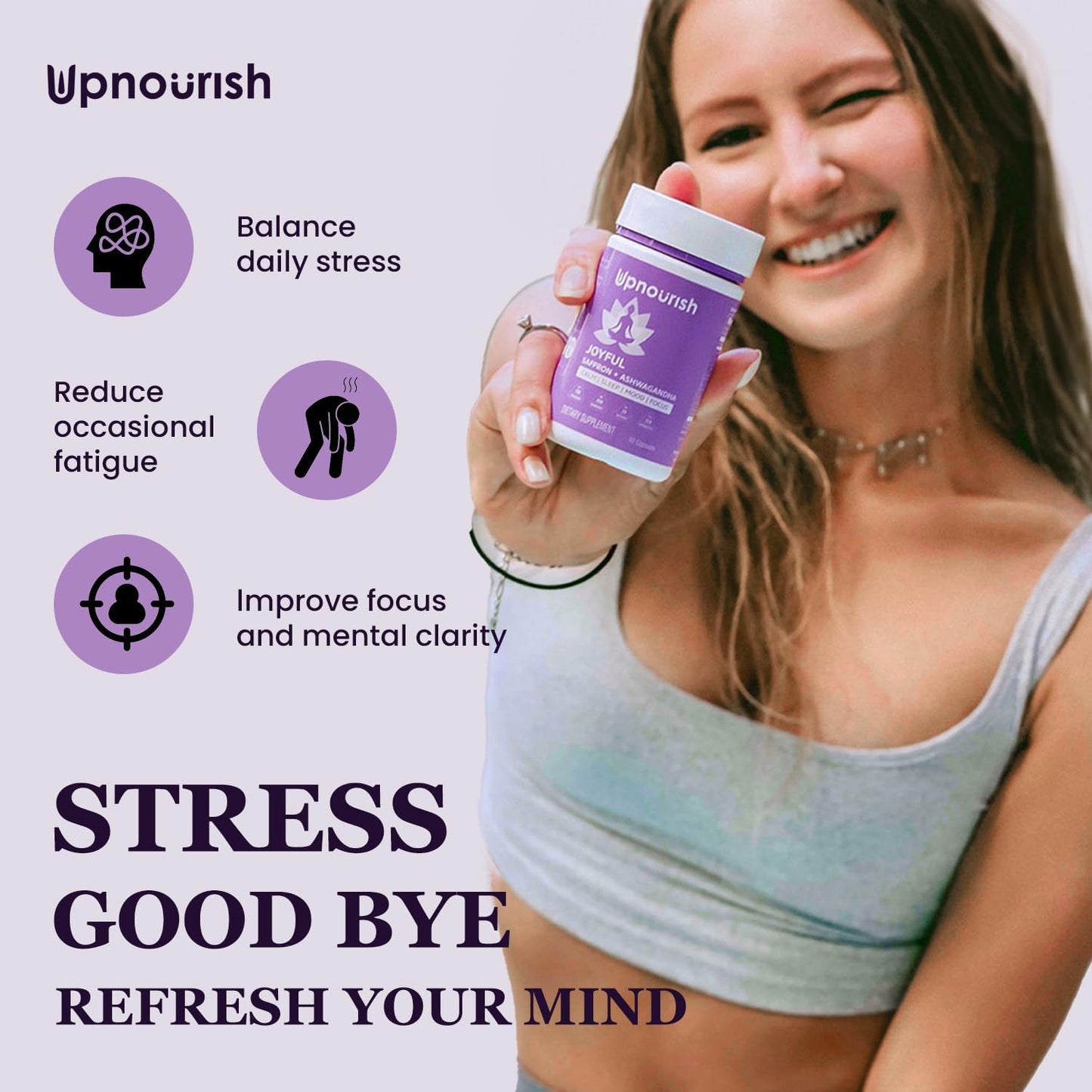 UpNourish Organic Ashwagandha Saffron Supplements with Probiotics - Stress Relief, Mood Enhancer, Calm Happy Pills Support Fatigue Focus Clarity with L-Theanine, Rhodiola, 30 Vegan Capsules