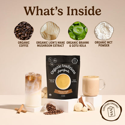 Organic Traditions Mind Fuel Instant Mushroom Coffee Alternative, Caffeine Free Lion’s Mane and Maca Herbal Drink with Dandelion, Chicory, Roasted Grain Blend, Natural Focus Support, 140g / 5oz