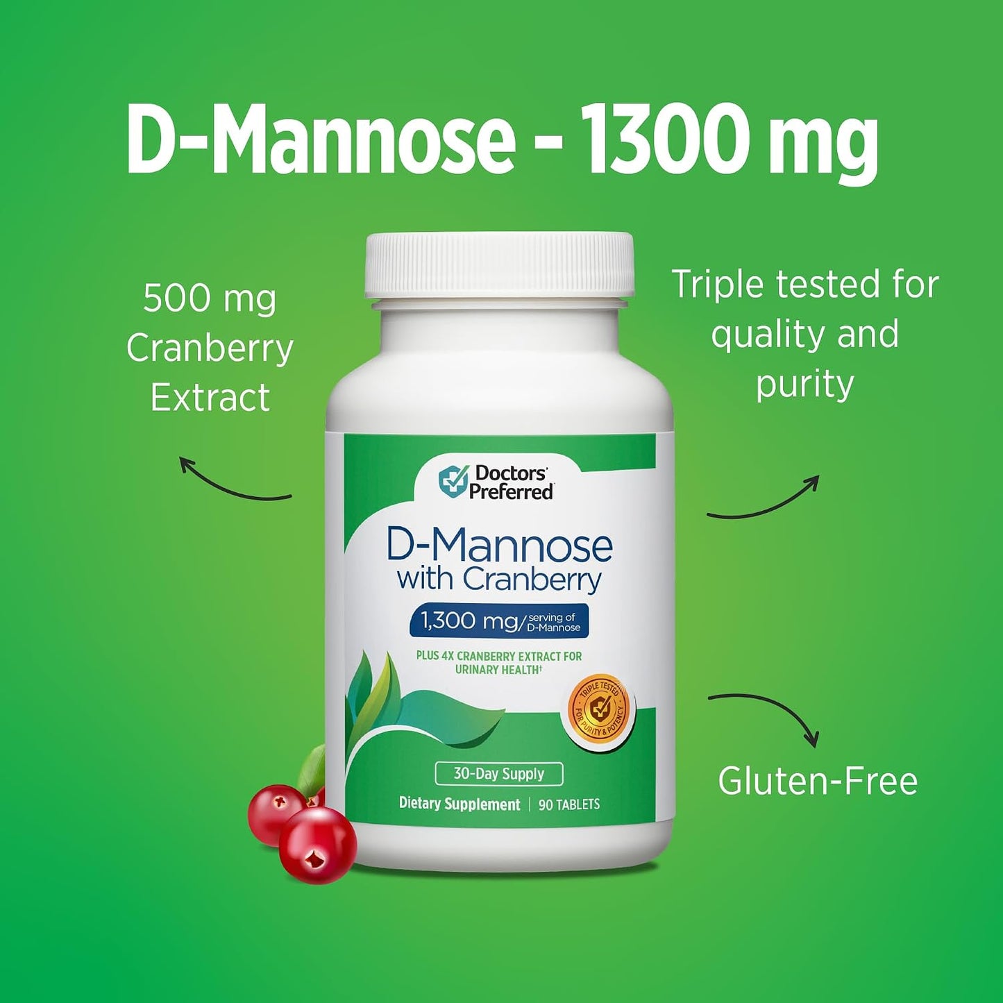 DOCTORS' PREFERRED D-Mannose 1300mg w/Cranberry Extract for Urinary Health