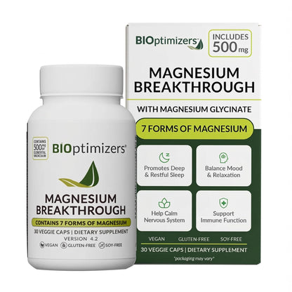 BIOptimizers Magnesium Breakthrough Supplement with 500mg - 7 Forms of Magnesium: Glycinate, Malate, Citrate, and More - Natural Support for Sleep and Cognitive Function -60 Capsules- Calming Vitamins