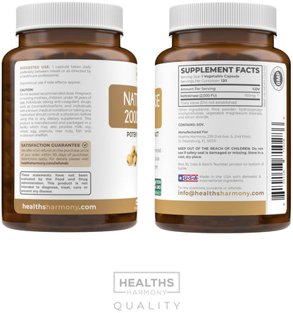 Healths Harmony Nattokinase 2000 FU (Non-GMO) Powerful Nattokinase Supplement Made from Naturally Fermented Soybeans - (4 Month Supply) 120 Vegan Natto Capsules