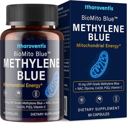 Methylene Blue Pharmaceutical Grade Capsules – USP Grade Brain Supplement with CoQ10, NAC, PQQ, Glycine & Vitamin C for Memory, Focus, Energy & Mitochondrial, No Formaldehyde - 60 Count
