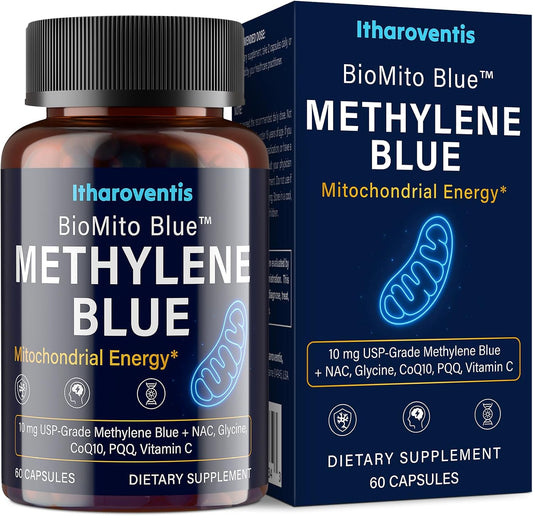 Methylene Blue Pharmaceutical Grade Capsules – USP Grade Brain Supplement with CoQ10, NAC, PQQ, Glycine & Vitamin C for Memory, Focus, Energy & Mitochondrial, No Formaldehyde - 60 Count