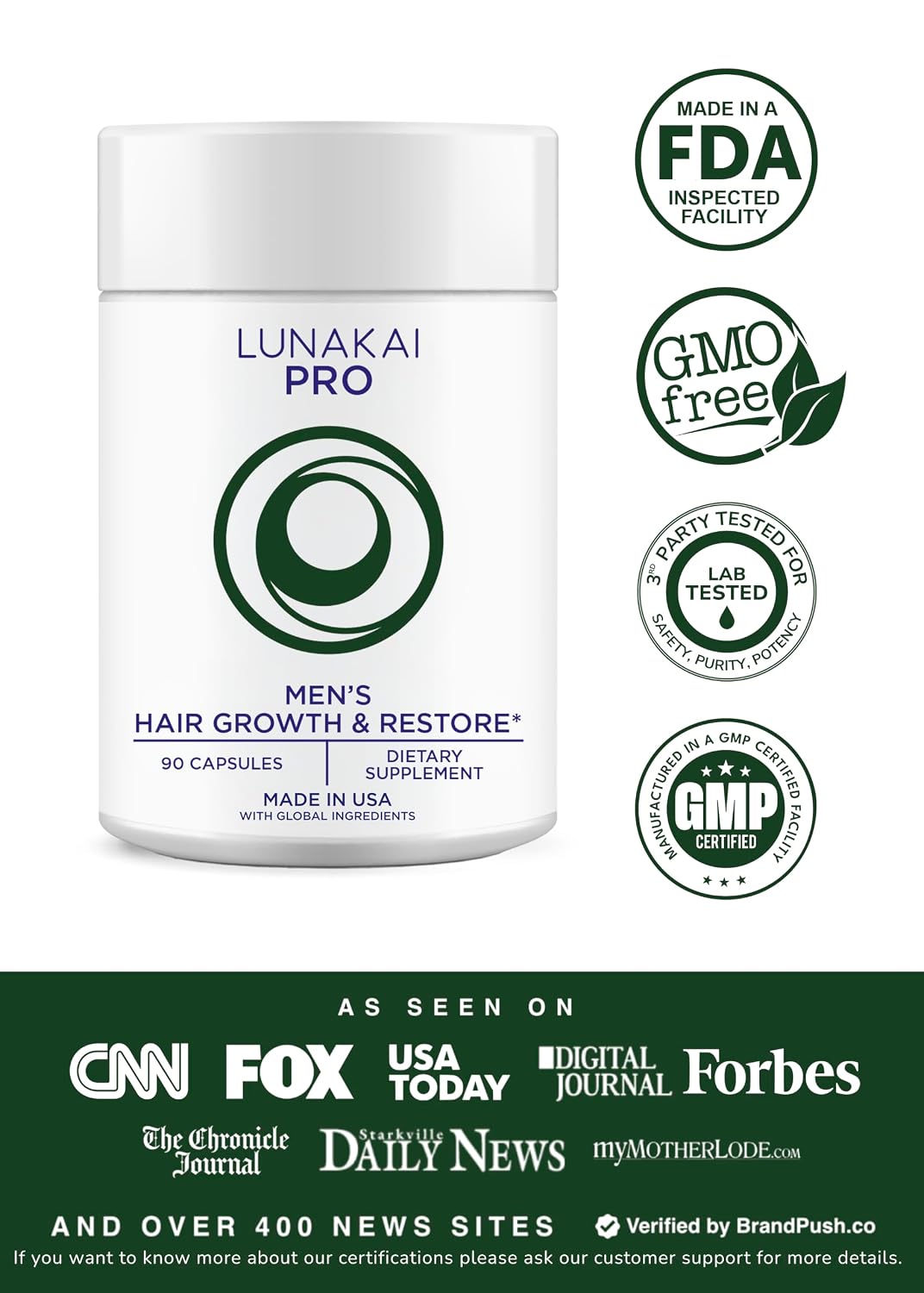 Lunakai USA Made Hair Vitamins for Men - 19 Nutrient with Marine Collagen, Saw Palmetto & Keratin - Daily Hair Loss & Regrowth Support - 90 Capsules
