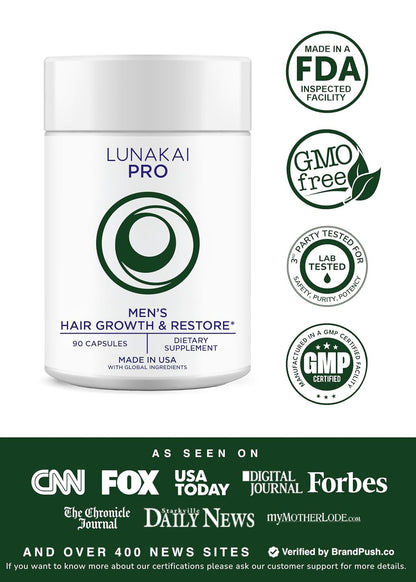 Lunakai USA Made Hair Vitamins for Men - 19 Nutrient with Marine Collagen, Saw Palmetto & Keratin - Daily Hair Loss & Regrowth Support - 90 Capsules