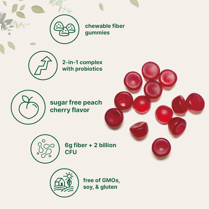 Micro Ingredients Fiber Gummies with Probiotics, 120 Count | 6g Per Serving + 2 Billion CFU | Sugar Free Peach Cherry Flavor | High Fiber Supplement for Women & Men | Non-GMO, Gluten Free