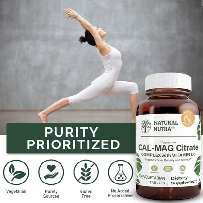 Natural Nutra Cal-Mag Citrate with Vitamin D3,1000/500 mg Complex, Strengthen Bone Density, Muscle and Nerve Health, Help Maintain Healthy Teeth, Highly Bioavailable Sources, 100 Vegan Tablets