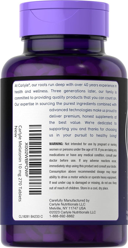 Carlyle Melatonin 10mg | 270 Tablets | with L-Theanine | Vegetarian, Non-GMO, Gluten Free Supplement