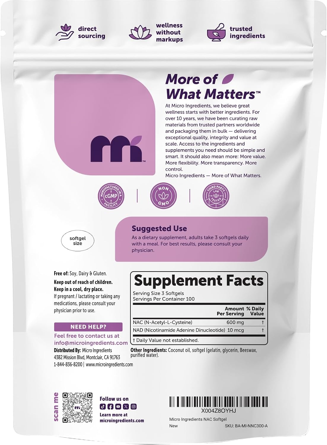 Micro Ingredients NAC Supplement 600mg Per Serving with NAD+ & Coconut Oil, 300 Softgels | 2-in-1 N Acetyl L Cysteine Plus Nicotinamide Forms | NAD Supplements for Women & Men | Non-GMO, Gluten Free