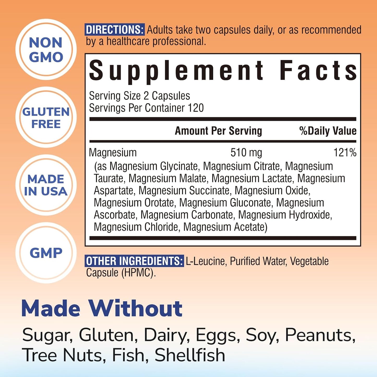 Vitalibre 15 in 1 Magnesium Complex for Women & Men 510mg, 240 Capsules | Maximum Absorption Glycinate, Malate, Taurate, Citrate and More for Bones, Heart, Recovery, Energy | Non-GMO
