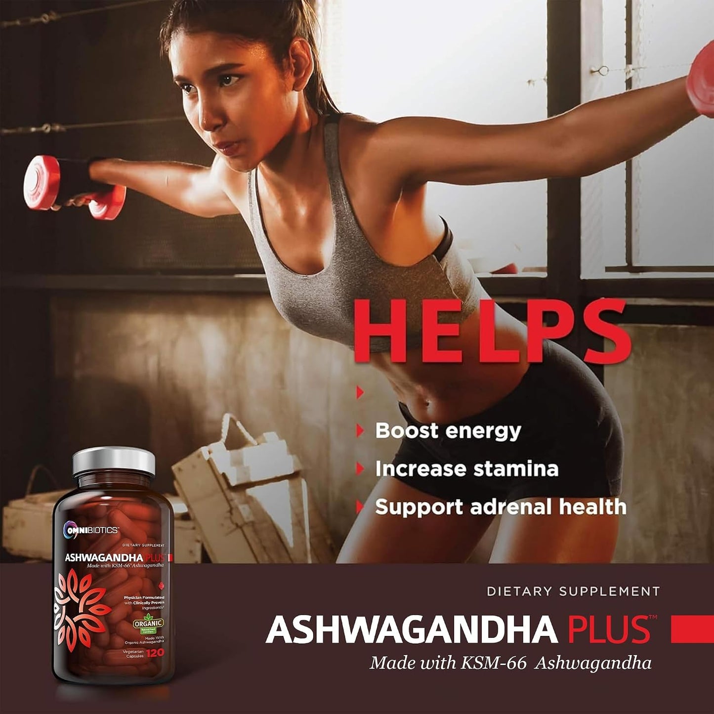 OmniBiotics Organic Ashwagandha Supplement – 1300mg Total Strength – 900mg Organic Root Powder & 400mg KSM-66 Extract – Stress Relief, Mood & Sleep Support – Non-GMO – 120 Vegan Capsules