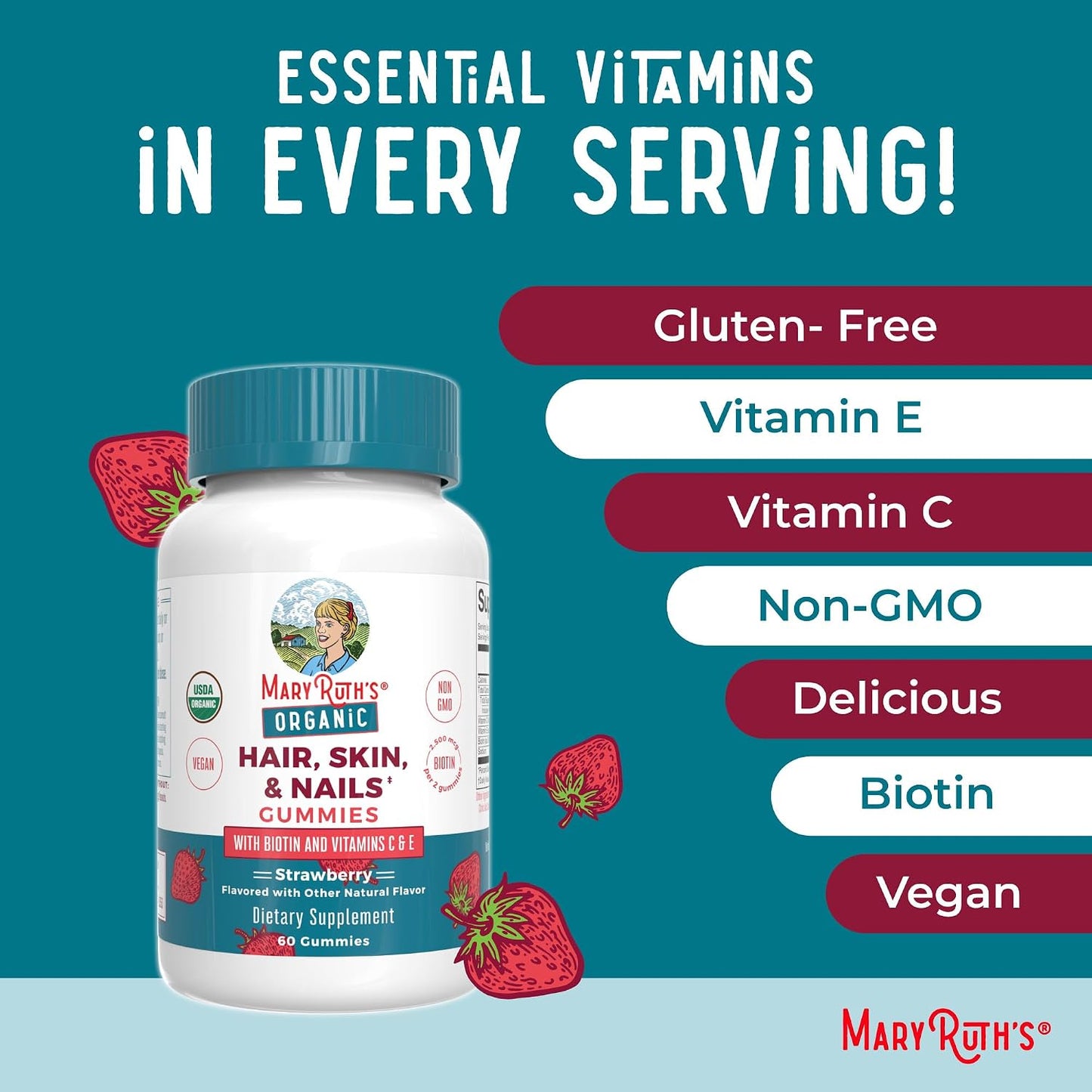 MARYRUTH'S Hair Skin and Nail Vitamins | USDA Organic | 2500 mcg Biotin Gummies with Vitamin C & Vitamin E | Hair Growth Vitamins | Skin Care | Nail Growth | Ages 14+ | 60 Count