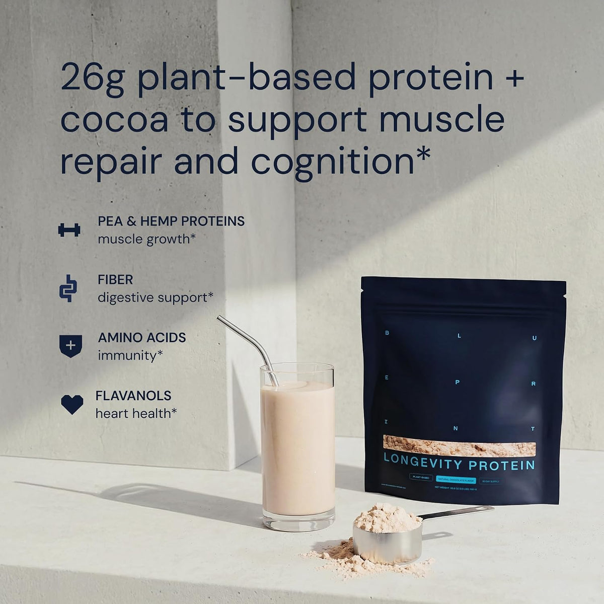 Blueprint Bryan Johnson Chocolate Protein Powder – Vegan Plant-Based Supplement with Cocoa Powder – Clean Ingredients – 26g Protein per Serving – Non-GMO – 30 Servings