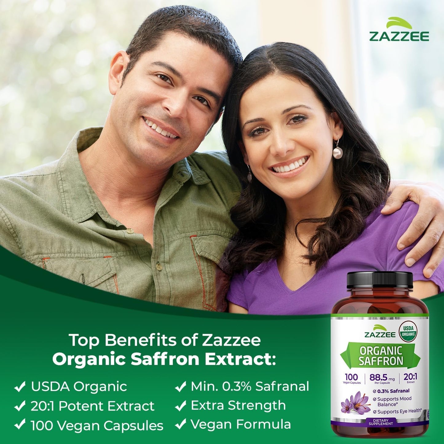 Zazzee USDA Organic Saffron 20:1 Extract, 88.5 mg, 0.3% Safranal, 100 Vegan Capsules, 3+ Month Supply, Concentrated and Standardized 20X Extract, Non-GMO, All-Natural, Made in the USA