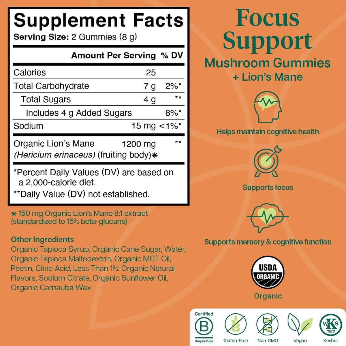 Charlotte's Web Focus Support Mushroom Gummies for Focus and Energy w/Lion’s Mane, Natural Cognitive Support Lions Mane Gummies for Adults — Tangerine Flavor (30 Servings)
