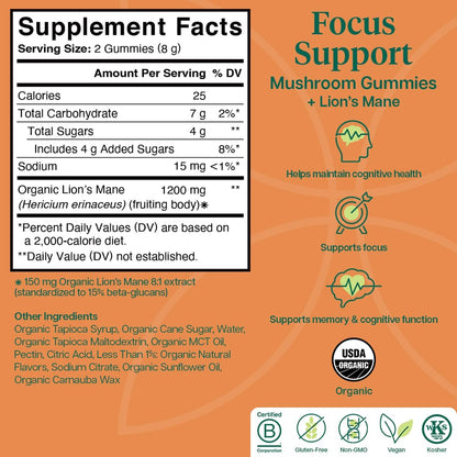 Charlotte's Web Focus Support Mushroom Gummies for Focus and Energy w/Lion’s Mane, Natural Cognitive Support Lions Mane Gummies for Adults — Tangerine Flavor (30 Servings)