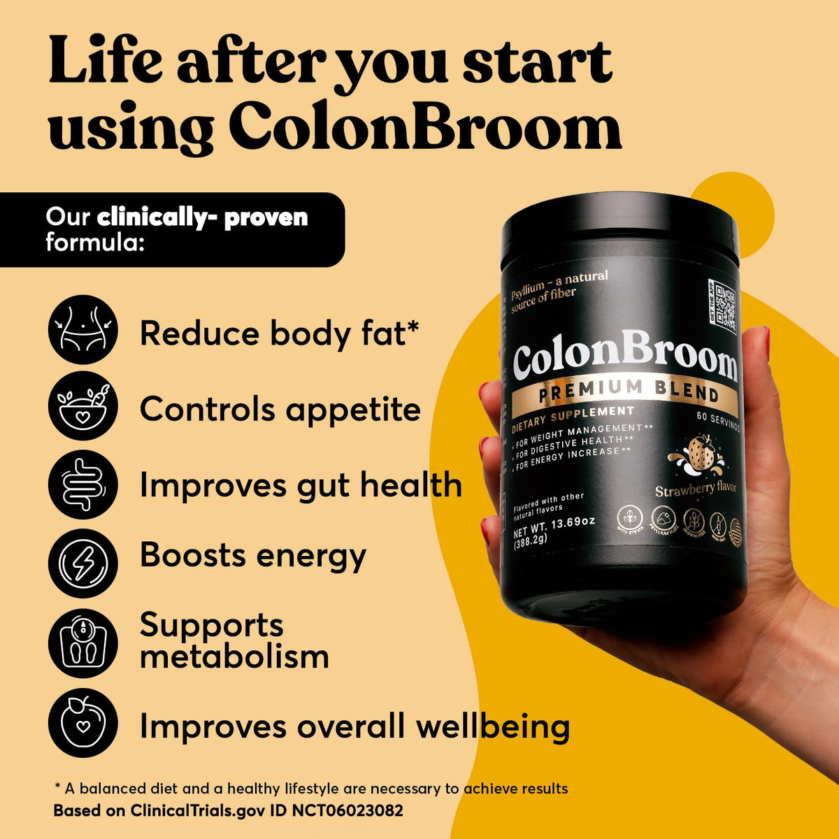 ColonBroom Premium Psyllium Husk Powder (Strawberry) - Colon Cleanse for Bloating