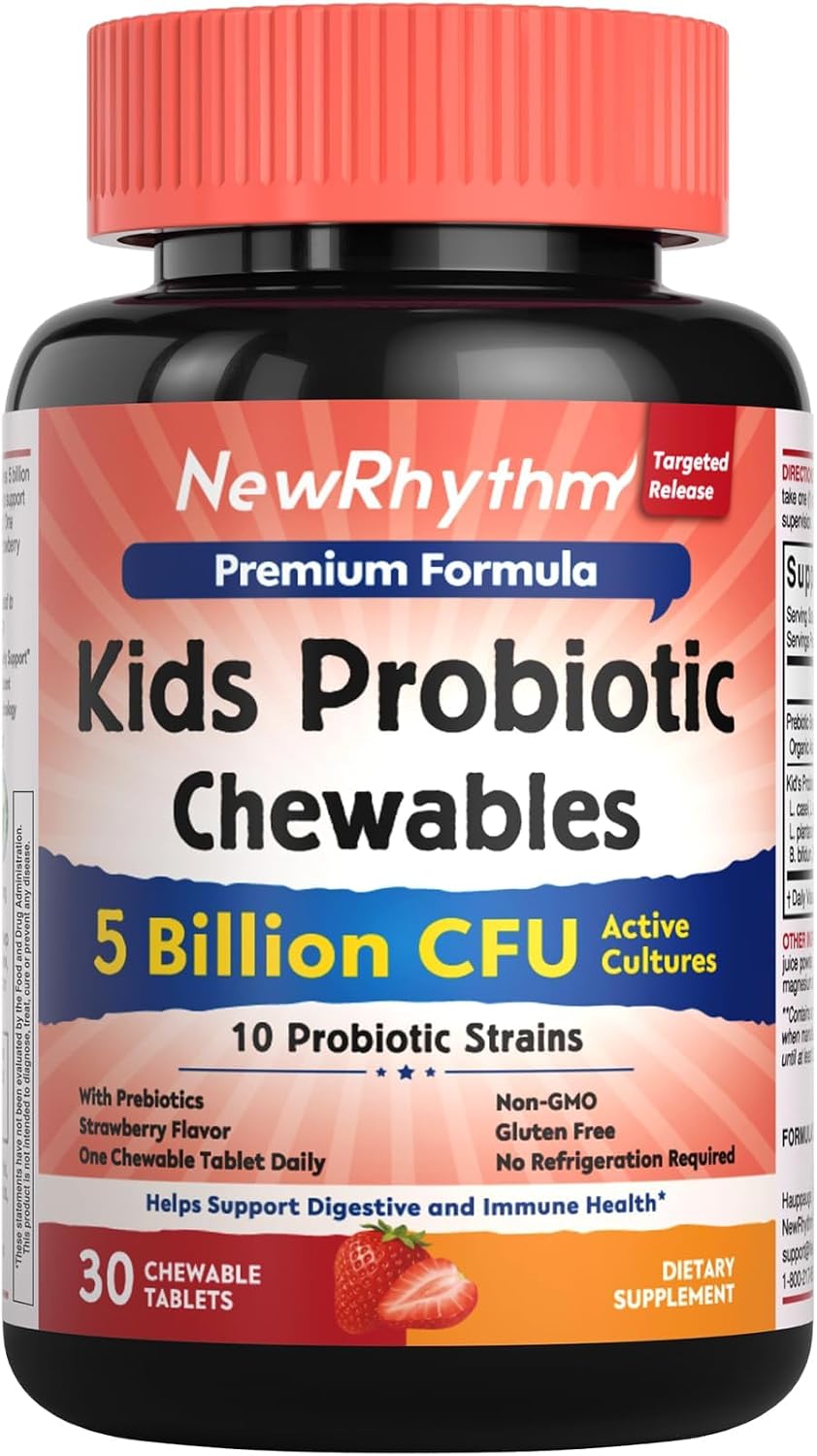 NewRhythm Kids Probiotic Chewables, 5 Billion CFU 10 Strains, with Prebiotic Fiber Inulin & Organic Acacia, Natural Strawberry Flavored, for Digestive & Immune Support, 30 Chewable Tablets