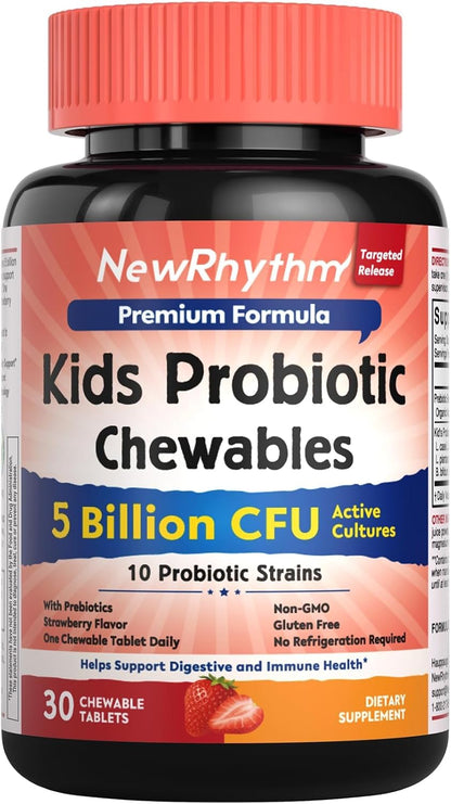 NewRhythm Kids Probiotic Chewables, 5 Billion CFU 10 Strains, with Prebiotic Fiber Inulin & Organic Acacia, Natural Strawberry Flavored, for Digestive & Immune Support, 30 Chewable Tablets