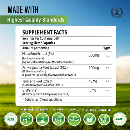 Maca Root 10,000 mg, Ashwagandha 6000mg Extract, Capsules for Men & Women