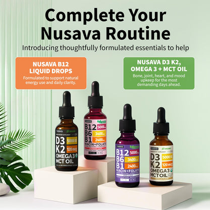 NUSAVA (2 Pack) Vitamin B12 Liquid Drops with B6, B1, Niacin & Folate — B12 Sublingual Vitamin B Complex, Methylcobalamin 5000 mcg, for Energy, Brain & Heart Support, Raspberry Flavor, 80 Servings