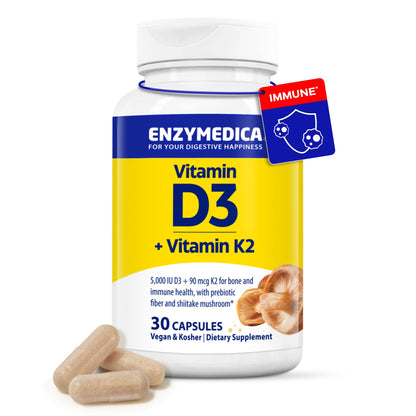 Enzymedica Vitamin D3 and K2 Supplement Caps for Men & Women - VIT D3 5000 IU & VIT K2 MK-7 90 mcg, Immune & Bone Health Support, Features Shitake Mushrooms & Prebiotic Fiber, Vegan - 60 Capsules