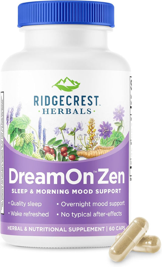 RidgeCrest Herbals DreamOn Zen Sleep Support, Melatonin Free 60 Ct | 30 Servings, Magnesium, 5-HTP, Lavender, Chamomile, Valerian, Lemon Balm, Calm and Rest Support for Ages 12 and Up