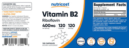Nutricost Vitamin B2 (Riboflavin) 400mg, 120 Capsules - Gluten Free, Non-GMO