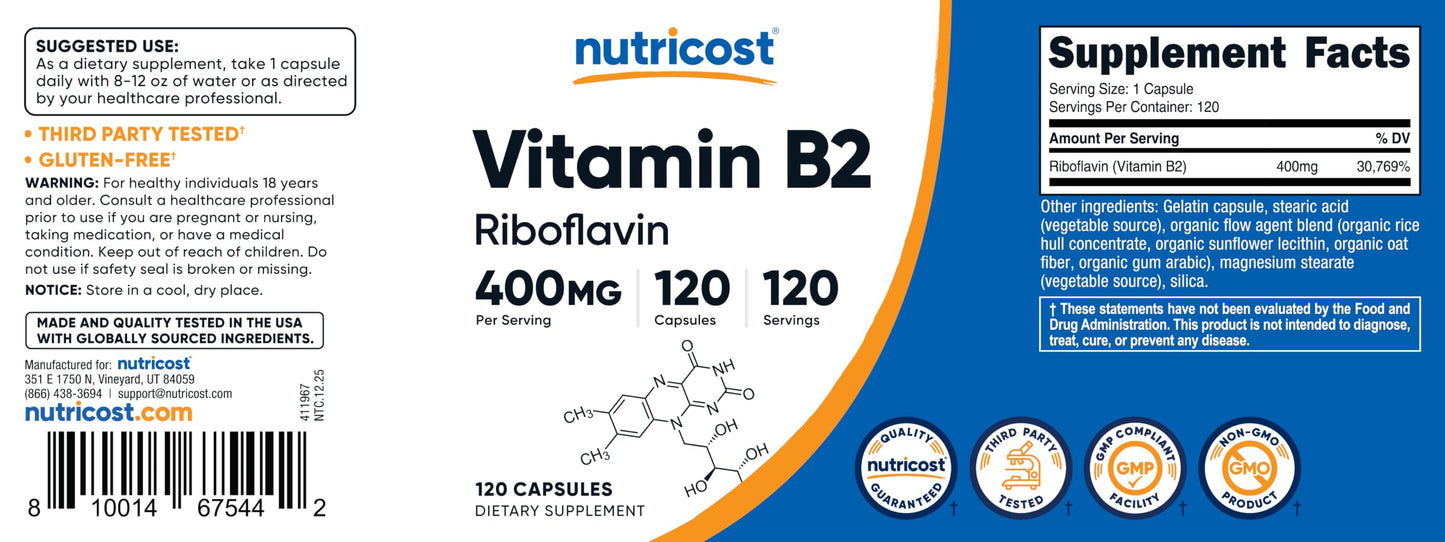 Nutricost Vitamin B2 (Riboflavin) 400mg, 120 Capsules - Gluten Free, Non-GMO