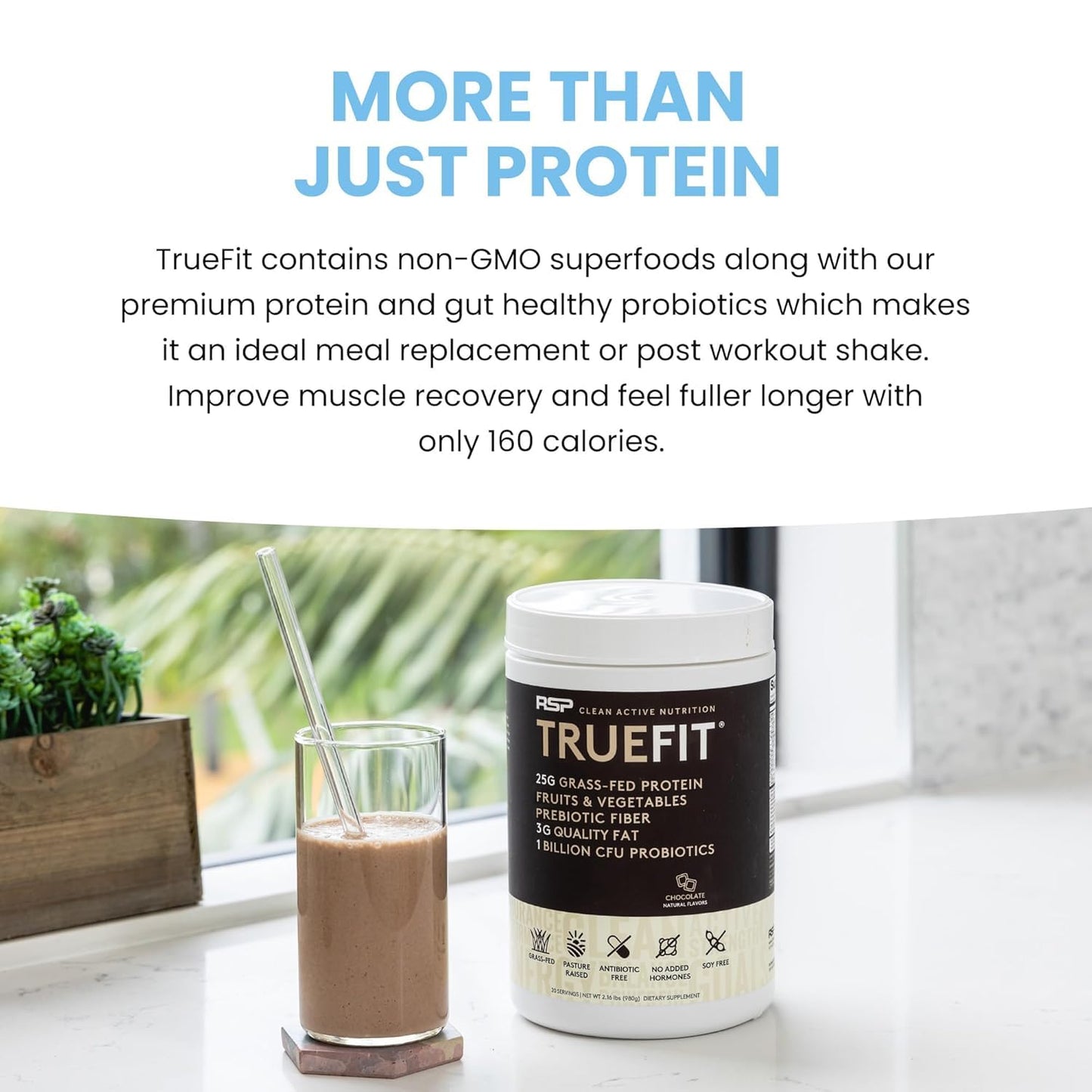 TrueFit Grass-Fed Whey Protein Powder + Fiber & Probiotics, Vanilla Shake | 25g Gut Healthy Protein with Fiber, Probiotics & Non-GMO Superfoods for Complete Meal Replacement Shake with Nothing Fake