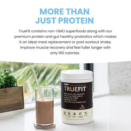 TrueFit Grass-Fed Whey Protein Powder + Fiber & Probiotics, Vanilla Shake | 25g Gut Healthy Protein with Fiber, Probiotics & Non-GMO Superfoods for Complete Meal Replacement Shake with Nothing Fake