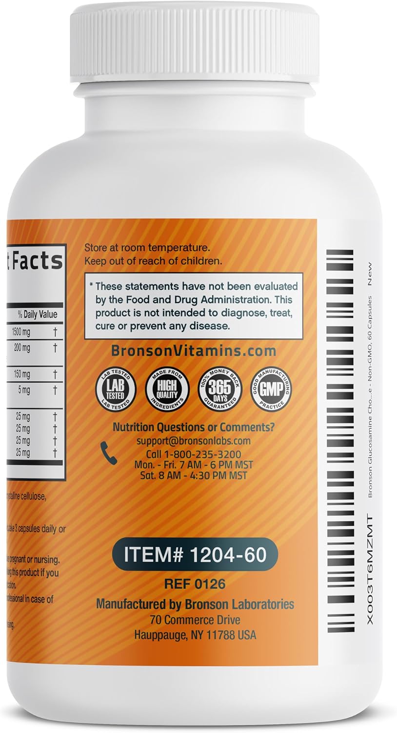 Bronson Glucosamine Chondroitin Turmeric & MSM Joint Support, 60 Capsules | Standardized Boswellia, Shellfish-Free Glucosamine, Mobility & Comfort Support, Non-GMO, Gluten-Free & Soy-Free
