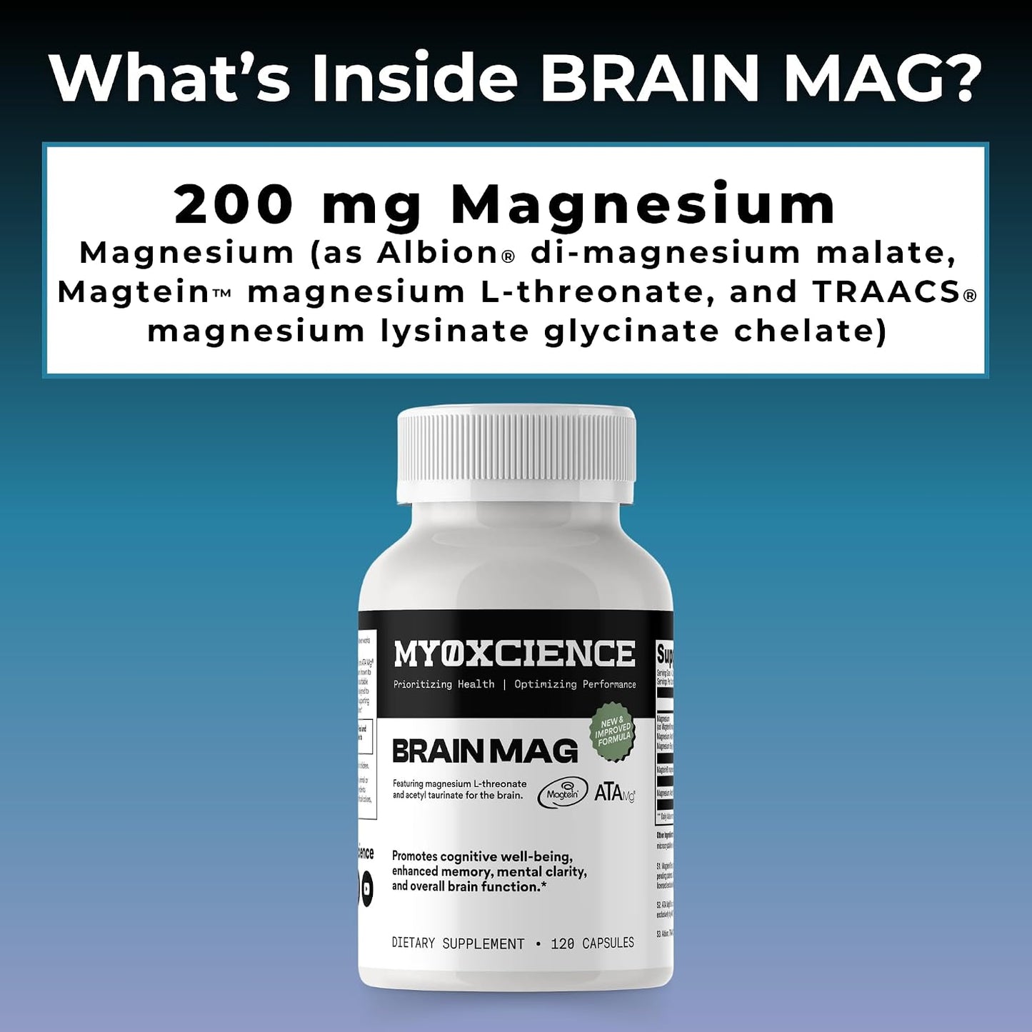Magnesium L-Threonate + Mag Acetyl-Taurate (ATA Mag) + Mag Glycinate | Promotes Cognitive Well-Being, Enhanced Memory, Mental Clarity and Overall Brain Function | 120 Capsules