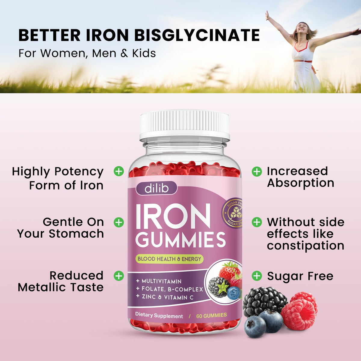 Iron Gummies with Multivitamin, Iron Supplement for Women & Men with Zinc, Vitamin B Complex & C, B12, Folate - Blood Builder & Energy Support for Adults & Kids - Strawberry Flavor, Vegan 60 Gummies