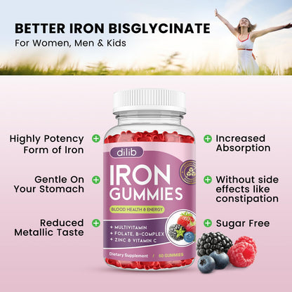 Iron Gummies with Multivitamin, Iron Supplement for Women & Men with Zinc, Vitamin B Complex & C, B12, Folate - Blood Builder & Energy Support for Adults & Kids - Strawberry Flavor, Vegan 60 Gummies