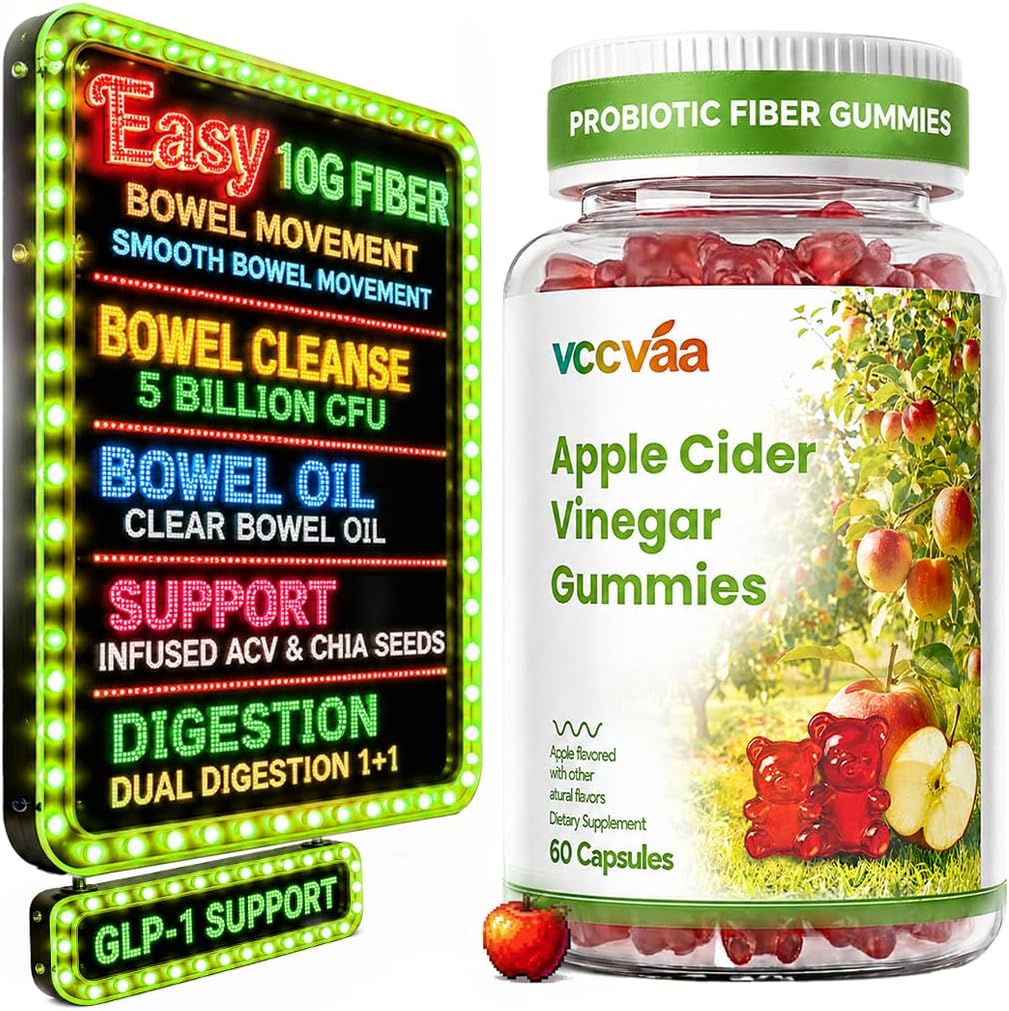 Probiotic Fiber Gummies, Fiber Supplement with 5 Billion CFU Probiotics for Women, Probiotic Gummies with Inulin, Soluble Fiber, ACV & Vitamins, Digestive Health Supplement for Adults, 60 Gummies