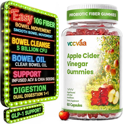 Probiotic Fiber Gummies, Fiber Supplement with 5 Billion CFU Probiotics for Women, Probiotic Gummies with Inulin, Soluble Fiber, ACV & Vitamins, Digestive Health Supplement for Adults, 60 Gummies