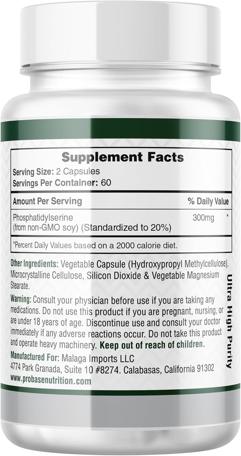 Probase Nutrition Phosphatidylserine 300mg Supplement Brain Health and Memory Support Non-GMO Gluten Free 120 Capsules Phosphatidyl Serine Complex
