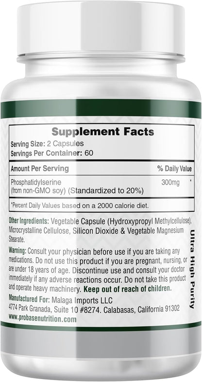 Probase Nutrition Phosphatidylserine 300mg Supplement Brain Health and Memory Support Non-GMO Gluten Free 120 Capsules Phosphatidyl Serine Complex