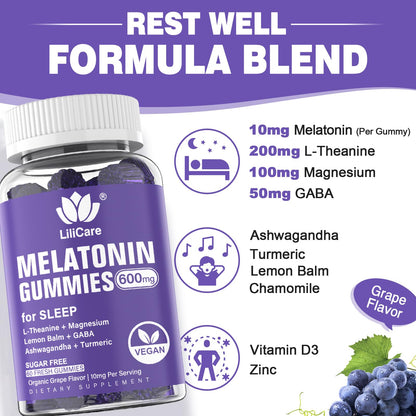 Melatonin Gummies 10mg 20mg for Adults Sugar Free, Extra Strength w/ L-Theanine, Ashwagandha, Magnesium, Turmeric, GABA, Lemon Balm and Chamomile for Healthy Circadian Rhythm, Vegan Grape Flavor, 60ct