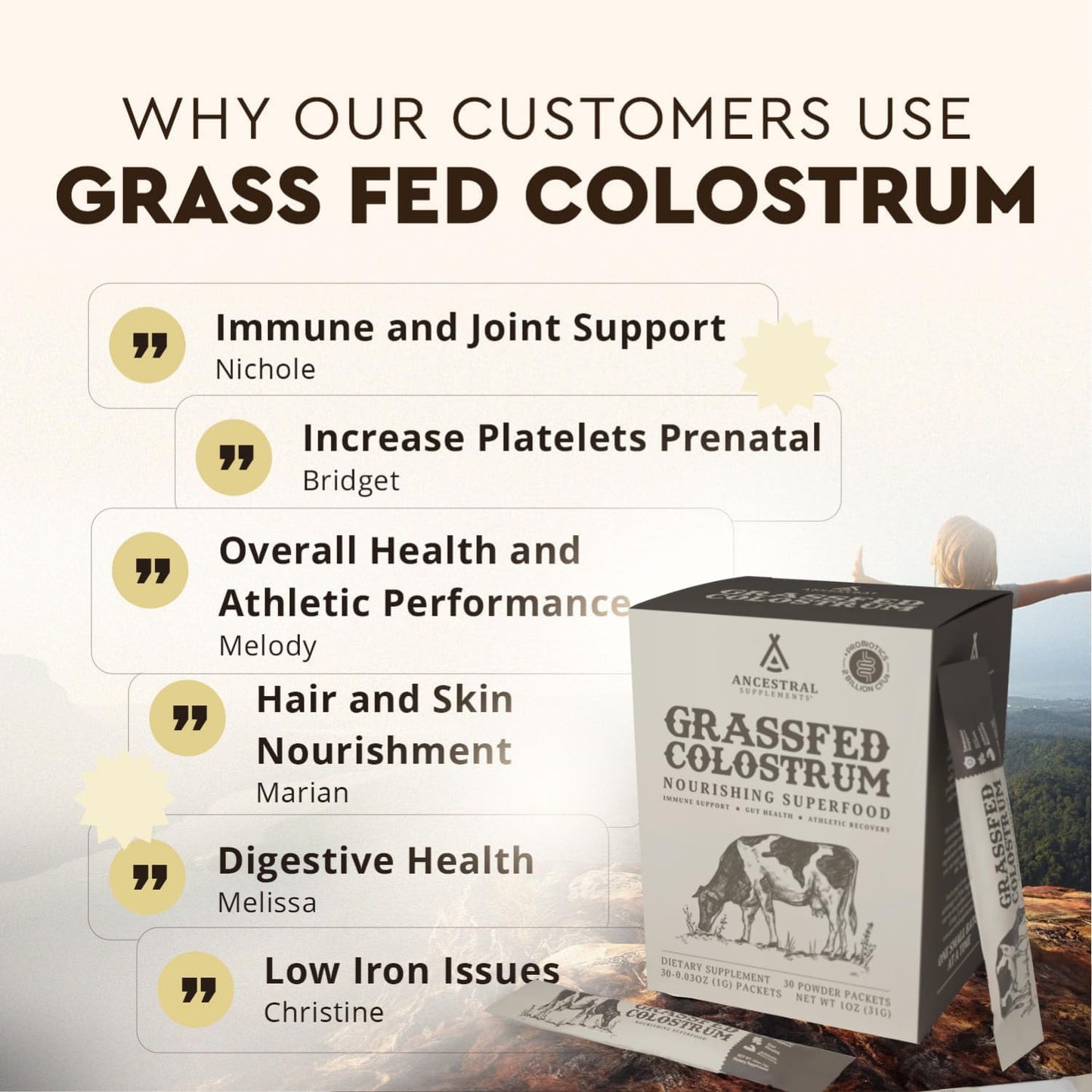 Ancestral Supplements Colostrum Sticks Bundle & Frother Wand – Grass Fed, Pasture Raised Organ Blend with Bioactive Colostrum, Rechargeable Electric Frother Wand (Double Whisk, Stainless Steel)
