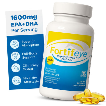Fortifeye Super Omega-3 Fish Oil - 60 Count - 1600mg EPA + DHA - Triple Strength Ultra-Pure rTG Omega-3 Expertly Concentrated & Purified in Norway from Sustainably Sourced Wild Fish - Lemon Flavor