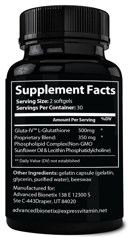 Advanced Bionetix 850mg Liposomal Glutathione Supplement | 120 Total Liposomal Softgels | Antioxidant Supplement w/Gluta-IV™, 100X Absorption Over Powder Glutathione