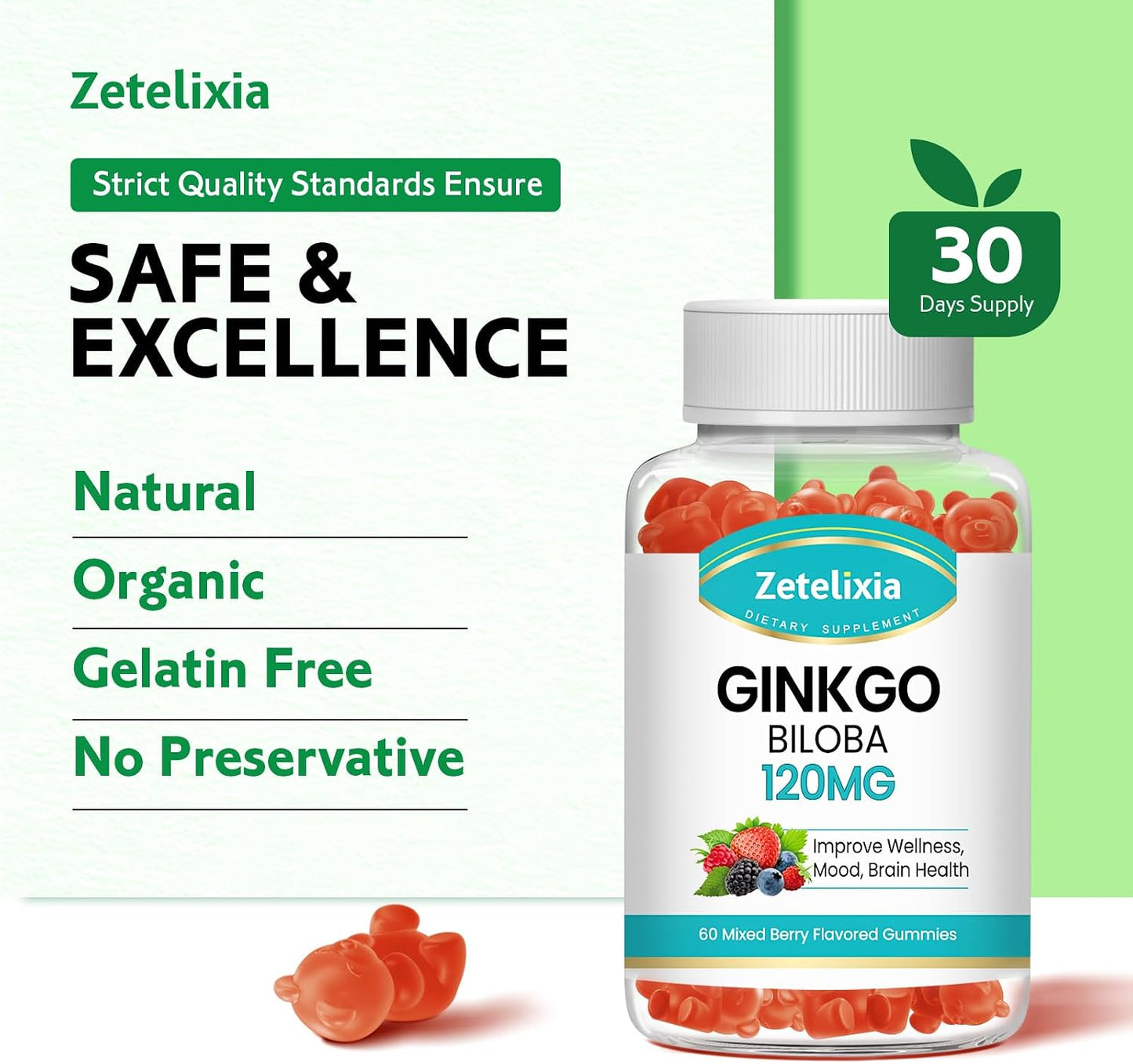Ginkgo Biloba Gummies for Women and Men, Brain Supplement Improve Better Mood and Focus, Vegan Mixed Berry Flavor 60 Count