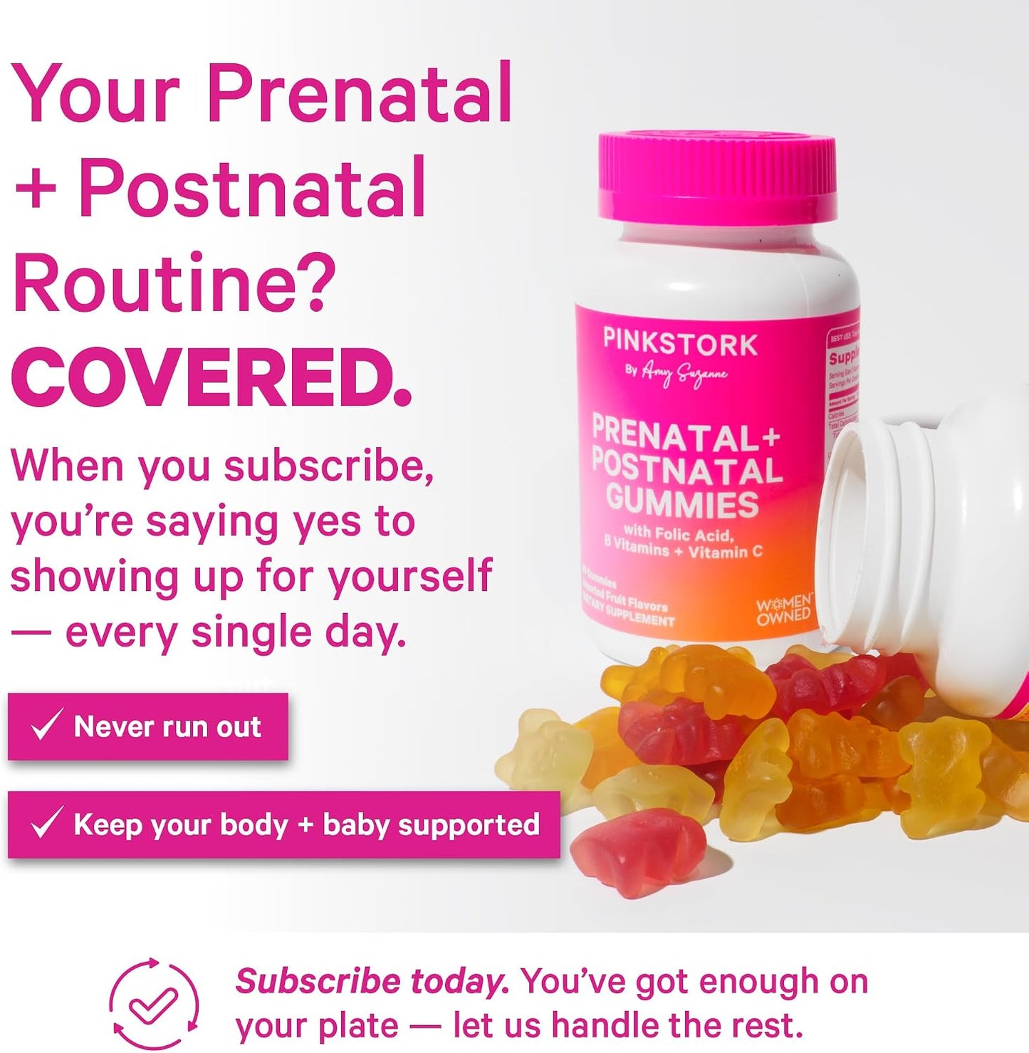 Pink Stork Fertility + Prenatal + Postnatal Gummy Vitamins, 60 Count | Full Motherhood Journey Support, Folate, B Vitamins, Zinc & Biotin, Postpartum Essentials, Assorted Fruit