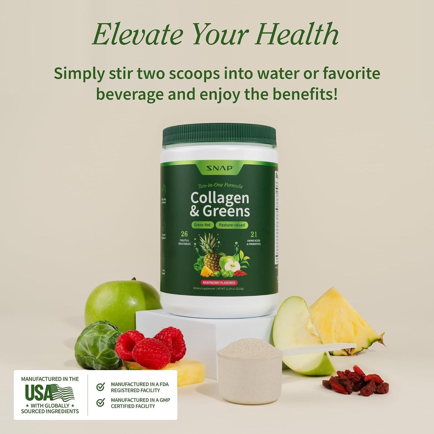 Snap Supplements Super Greens Powder with Collagen Peptides, 11.34 oz | 26 Fruits and Vegetables, Grass Fed, Non-GMO Daily Greens for Hair, Skin, Nails & Joint Support, 30 Servings, 1 Month Supply