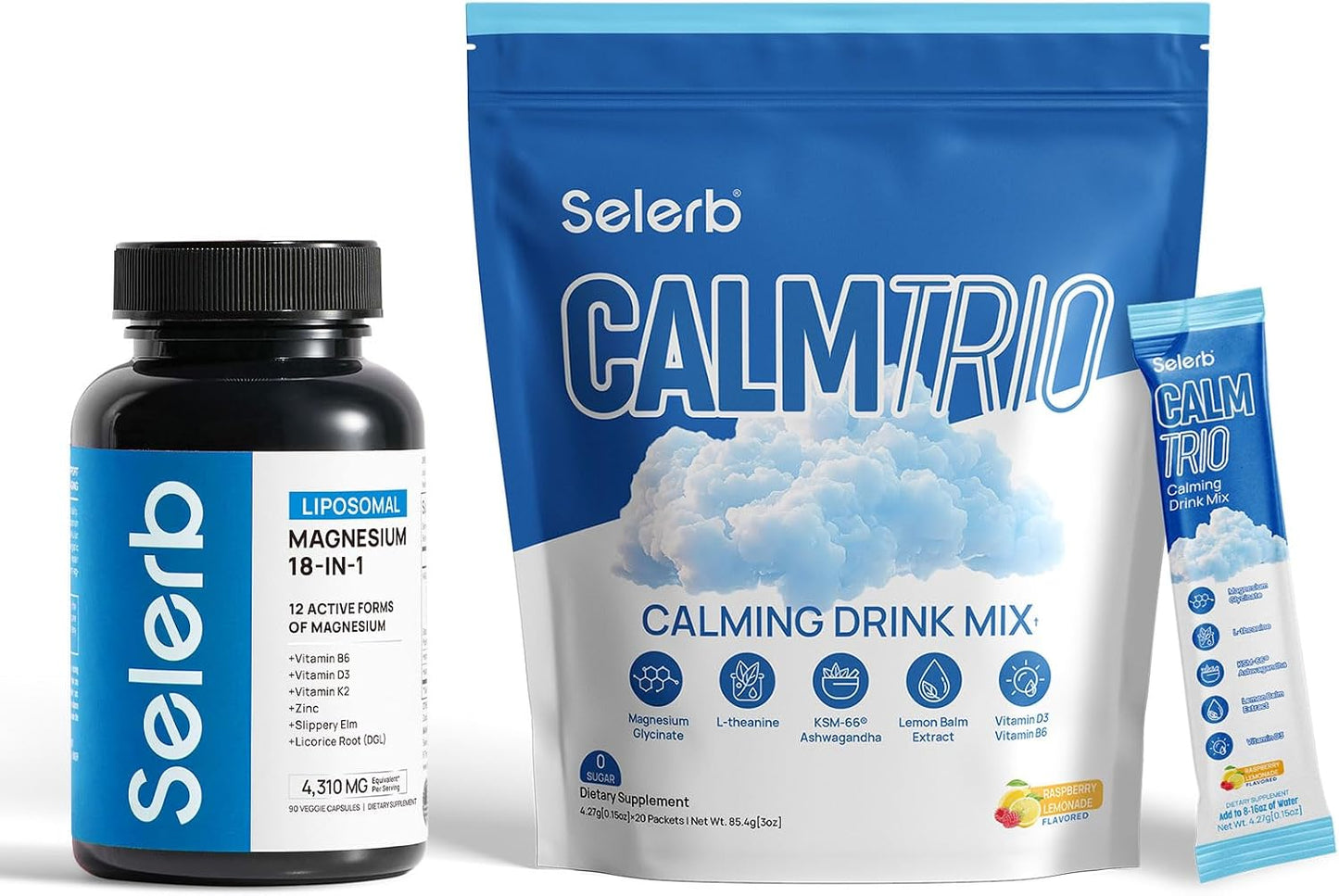 Selerb Liposomal 18 in 1 Magnesium Complex for Women and Men & CalmTrio Magnesium Glycinate Powder Cortisol Drink Mix