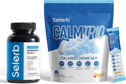 Selerb Liposomal 18 in 1 Magnesium Complex for Women and Men & CalmTrio Magnesium Glycinate Powder Cortisol Drink Mix